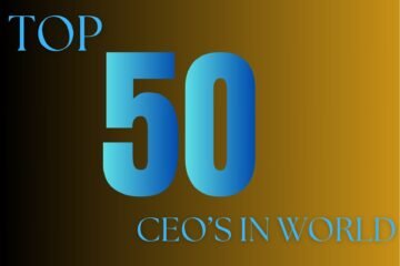 Portraits and achievements of the top 50 CEOs worldwide, showcasing their leadership in industries like technology, healthcare, finance, and sustainability.