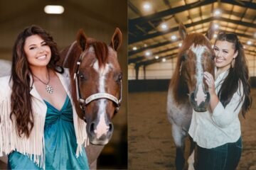 Katie Van Slyke with her horse in an outdoor setting, reflecting her lifestyle as a hunting and outdoor influencer.