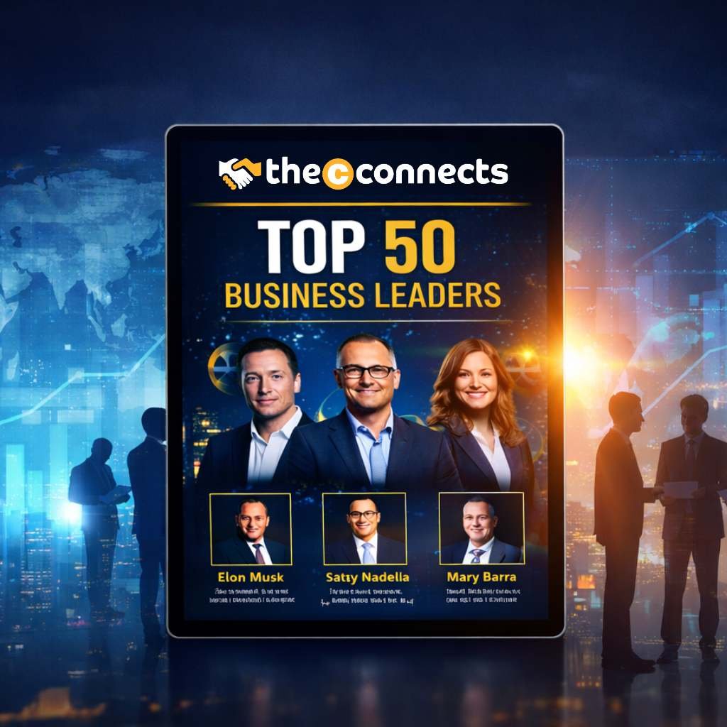 Digital illustration of a tablet displaying TheCconnects business magazine cover with corporate leaders, set against a global city skyline, world map, and business professionals networking, representing global executive connectivity and business growth.