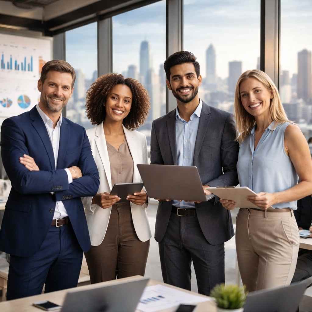 A diverse group of four business professionals standing together in a modern office with city views, holding laptops and tablets, representing leadership and collaboration.