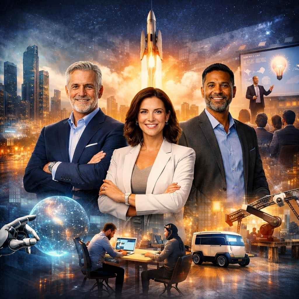 A group of confident business leaders standing before a futuristic city skyline, symbolizing leadership, innovation, and progress in modern industries. The background features a rocket launch, advanced technology, and global connectivity, representing the spirit of entrepreneurship and forward-thinking for The Connects Magazine.